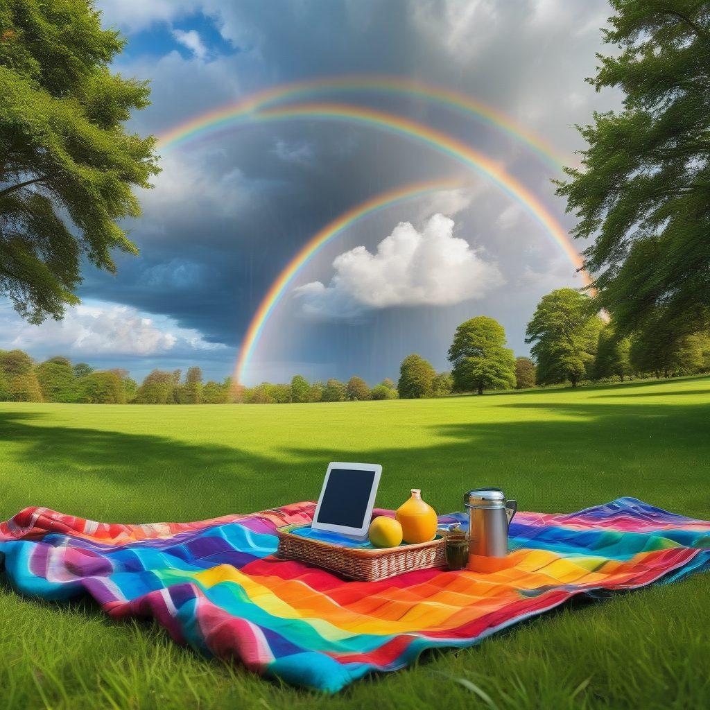 A colorful landscape showcasing diverse local weather patterns, featuring sunny skies, gentle rain, and fluffy clouds, with cheerful people enjoying outdoor activities like picnics and gardening. Include elements of technology, like a smartphone displaying weather updates and a weather station. Create an inviting and vibrant atmosphere that conveys joy and elation. vibrant colors. super-realistic.