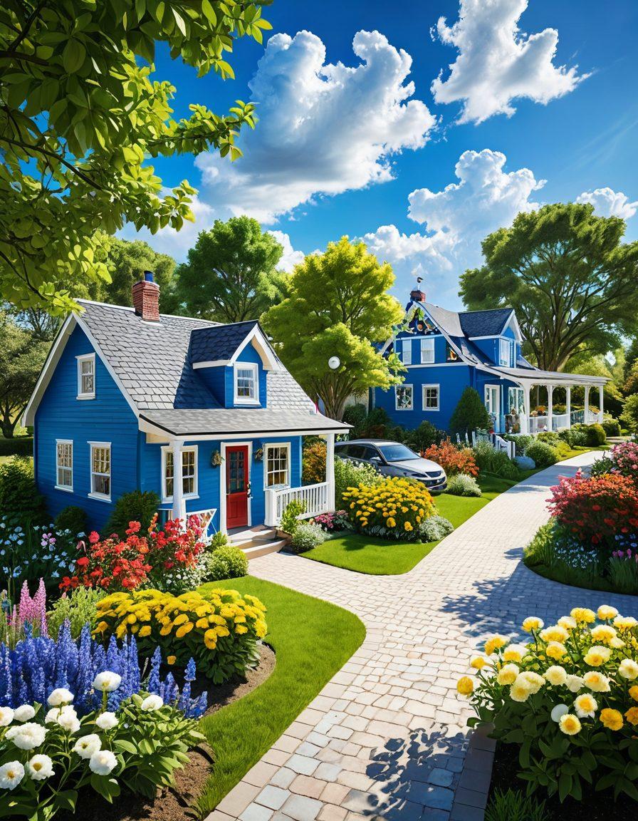 A serene landscape showcasing a sunny, idyllic neighborhood with people enjoying their outdoor activities, highlighting a and vibrant blue sky with fluffy clouds. Inclusion of a weather station in a garden setting, displaying real-time weather data, surrounded by lush greenery and blooming flowers. The scene conveys tranquility and connection with nature, emphasizing the joy of local weather reporting. super-realistic. vibrant colors. 3D.