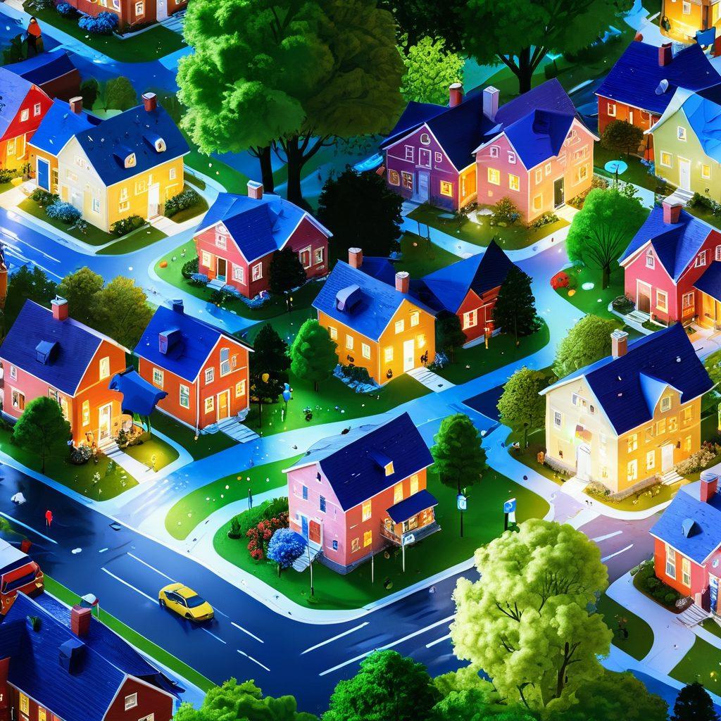 A vibrant scene showing a diverse community interacting with a large digital weather map, displaying real-time weather updates and community notes. Include people of various ages using tablets and smartphones, with bright weather icons representing sunshine, rain, and snow around them. The background should be lively with trees and buildings, suggesting an active neighborhood. super-realistic. vibrant colors. 3D.